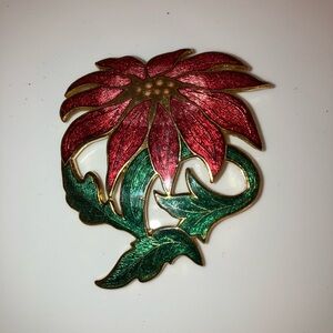 Vintage Fish Enterprises Red and Green Enamel Poinsettia Floral Brooch